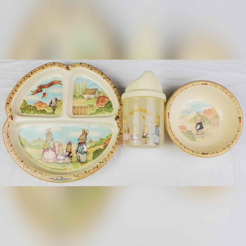 Pecoware Vintage Childs Rabbits Sweet Family Melamine 3-Piece Set - GUC